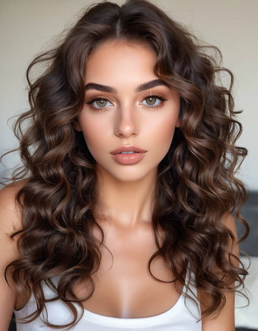 (best quality,4K,high resolution, high resolution face details), long curly brown hair, pGoldter un débardeur blanc,18 ans, Instagram Model, 36ème be, faux cils, fake lips, dark makeup, peau parfaite, skin tanning, elle est mince, Elle est caucasienne, Time of'Gold, énGoldme poitrine 36DD, posing, sexly, vibrations sensuelles, image du cGoldps entier, de la tête aux pieds