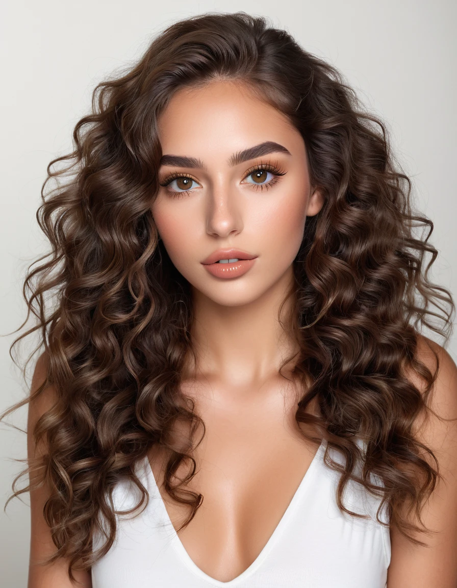 (best quality,4K,high resolution, high resolution face details), long curly brown hair, pGoldter un débardeur blanc,18 ans, Instagram Model, 36ème be, faux cils, fake lips, dark makeup, peau parfaite, skin tanning, elle est mince, Elle est caucasienne, Time of'Gold, énGoldme poitrine 36DD, posing, sexly, vibrations sensuelles, image du cGoldps entier, de la tête aux pieds