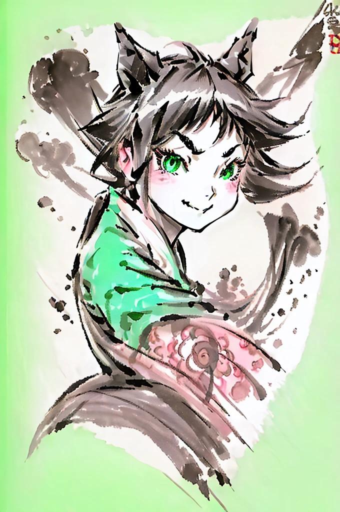 black hair, wince, longeyelashes, solid circle eyes, fake animal ears, light smile, ear blush, fang, ccurate, Surrealism, drop shadow, anaglyph, stereogram, tachi-e, pov, atmospheric perspective, 8k, super detail, best quality，Turquoise green, a boy of eighteen years old,horse ears