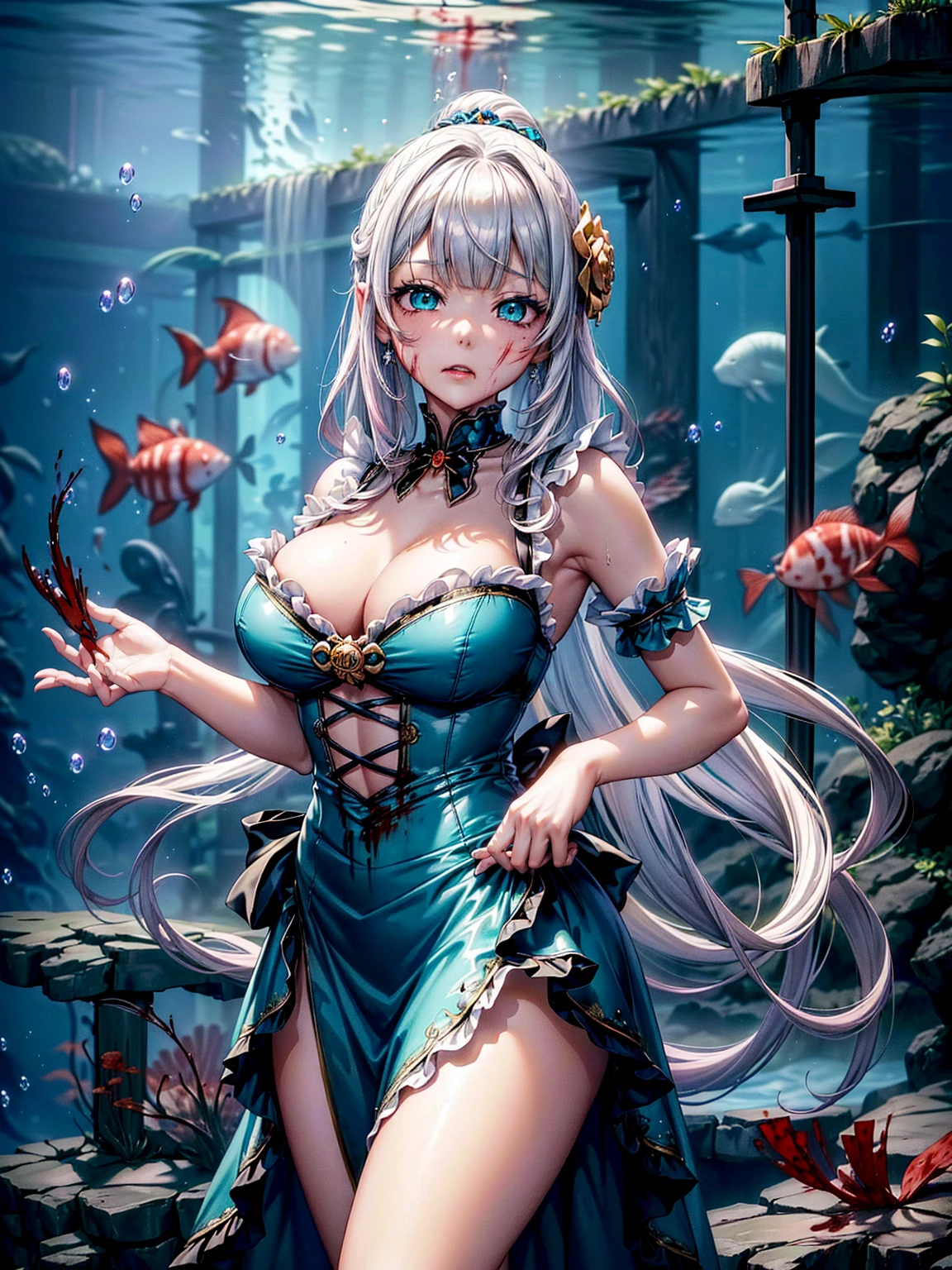 (((Dress Turquoise Dress))), (((The dress features a voluminous hoop skirt and a long hem.、A gorgeous, incomparably gorgeous Rococo Victorian gown, Princess style skirt))), (Gown Shining Dazzlingly Sparkling Reflective Prismatic Transparent Gown:1.2), (Gown A very elaborate gown:1.5), ((Huge breasts)), ((Hair Pink Hair)), ((Ponytail Fluffy Long Ponytail)), (Expressive hair), Very voluminous、非常にLong Hair, bangs, 超繊細で美しいface, Beautiful Lips, (Super detailed 繊細 美しいeye 青いeye), Cleavage, Hair ornaments Silver ornaments, 美しい笑face, (((若いface, Solo Enchanting Adorable Princess, age Girl, pretty girl, very pretty girl))), (Anime Moe Art Style 1.3), (((masterpiece, Super detailed, Highest quality, 超High resolution, Great quality, Exceptional Quality, Super detailed, 超High resolution, Unity 16K, 32k, ultra photo Realistic))), (Dutch Angle, faceフォーカス, eyeの焦点, Realistic, Blurred Background:1.3), (At the aquarium:1.5), (Matte Paint, 8k Matte Painting, 2D Matte Painting, 3D Matte Pixie、Multiple skulls on the ground、周囲に複数のzombie、死んだ腐ったBloodに飢えた邪悪なzombie, Girl Venom, 黒い共to be bornto be born物が付着している, Bloodまみれの, Evil look, Psychopathic, Torn clothes, Torn Costume, sexy, reveal, Combat Stance, Very detailed, Vibrant appearance, Creative Action, Very detailed, Imaginative, Sensual, Voluntary, all breasts, sexy, reveal, Highest quality, skinの質感, Intricate details, (Highest quality, masterpiece, 超High resolution), (8k wallpaper, High resolution, High resolution, to be born), (credibility: 1.4), (whole bodyショット), One Girl, ((Anime Girls)),,(Bloodしぶき:1.6), ((Fantasy Witch Costume)), ((Flowing white hair)), ,(Bloodしぶき:1.6),Female curves, Large Breasts, Thick thighs, sexyな平らなお腹, 完璧なhand, 完璧なアニメのface, ((dark loliress)), Are standing, ((邪悪な笑face)), ,(Bloodしぶき:1.6),Victorian cities, gaslight, Steam circulates, Moonlight Illumination, night間照明, A sky filled with stars and galaxies,(Bloodしぶき:1.6),アニメzombie魔女デザイン, ねじれた笑face、Bloodまみれの、頭からの出Blood、Bloodしぶき、,(Bloodしぶき:1.6),Crossbones, skull, Streetwear Design, protector, Horror Style, Full Design, Huge breasts, Very detailed, Realistic, Dark fantasy, Gloomy atmosphere, Intricate details, Crazy Smile, 狂ったeye, A cute and stylish hair band,(masterpiece:1.2, Highest quality), Scary atmosphere、Distorted facial expressions、Horror Art、Bloodの雨、Bloodを流す、Bloodしぶき,(Bloodしぶき:1.6),悪魔のeye、greenいeye、scar、火scar、whole body、Torn hair of a woman dressed in slave clothing、(Long Hair)、(eyeにかかる長さのbangs)、Black Hair、(((eyeの下のクマ)))、green白いskin、Feeling unwell、Pathological、邪悪な笑face、狂ったeye、(Grin)Dramatic makeup,Create mixed media art、,Horror 1 Girl, Open_mouth, , green_eye, Blood, Tilt_red_skin, Injury, Blood_In addition_face, Bandaged_arm, Blood_In addition_zombie, Blood_In addition_hand , Open your eyelids wide, The trend is all, mouthを大きくOpen, mouthを開けてteethをむき出しにする,獣のような鋭いteeth, Wide lips, 非常に広いmouth, Vermilion cheeks, blonde, ,(Bloodしぶき:1.6),Princess Cut, Ribbon hair ornament, brooch, Otaku Room, Well-built body, Nice body, Ample breasts, Thick body,eyeを大きく開いて、Scary atmosphere、Distorted facial expressions、ねじれた笑face、Bloodまみれの、頭からの出Blood、Bloodしぶき、whole body、,(Bloodしぶき:1.6),Long Hair、長めのbangs、Well-built,Broad shoulders,I focus,(face),Messy Hair,いeye,(光るeye),green信号,笑face,big 笑face,teeth,psycho 笑face,gesugao,Dark city background,darkness,night,(close),良いeye, 良いteeth,サディスティックな笑face,,all,光沢のあるskin,詳細なface,Beautiful body, mouthからの白い息 Luxurious lace long gloves、A charming Western alley、Gothic architecture、Western architecture、Fantasy World、