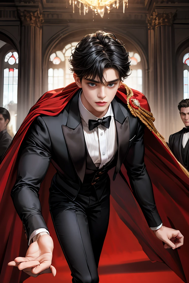 
masterpiece, 最high quality, high quality, 1 boy, alone, Male focus, Watching the audience,  Messy black hair, Adorable big blue eyes, White people, Noble, Noble,Sexy voluminous black and red cape、Tuxedo、A very voluminous, large, very large, very large, long, long red and black cape with a high stand-up collar, reaching down to the floor, made of a lot of fabric., ,Cute beautiful boys,Cute, cute, kind, handsome guy