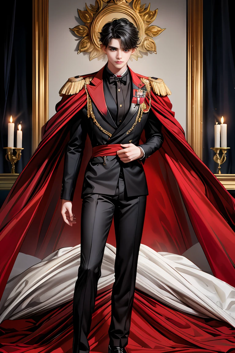 masterpiece, 最high quality, high quality, 1 boy, alone, Male focus, Watching the audience, Messy black hair, Adorable big blue eyes, White people, Noble, Noble,Sexy voluminous black and red cape、Tuxedo、A very voluminous, large, very large, very large, long, long red and black cape with a high stand-up collar, reaching down to the floor, made of a lot of fabric., ,Cute beautiful boys,Cute, cute, kind, handsome guy