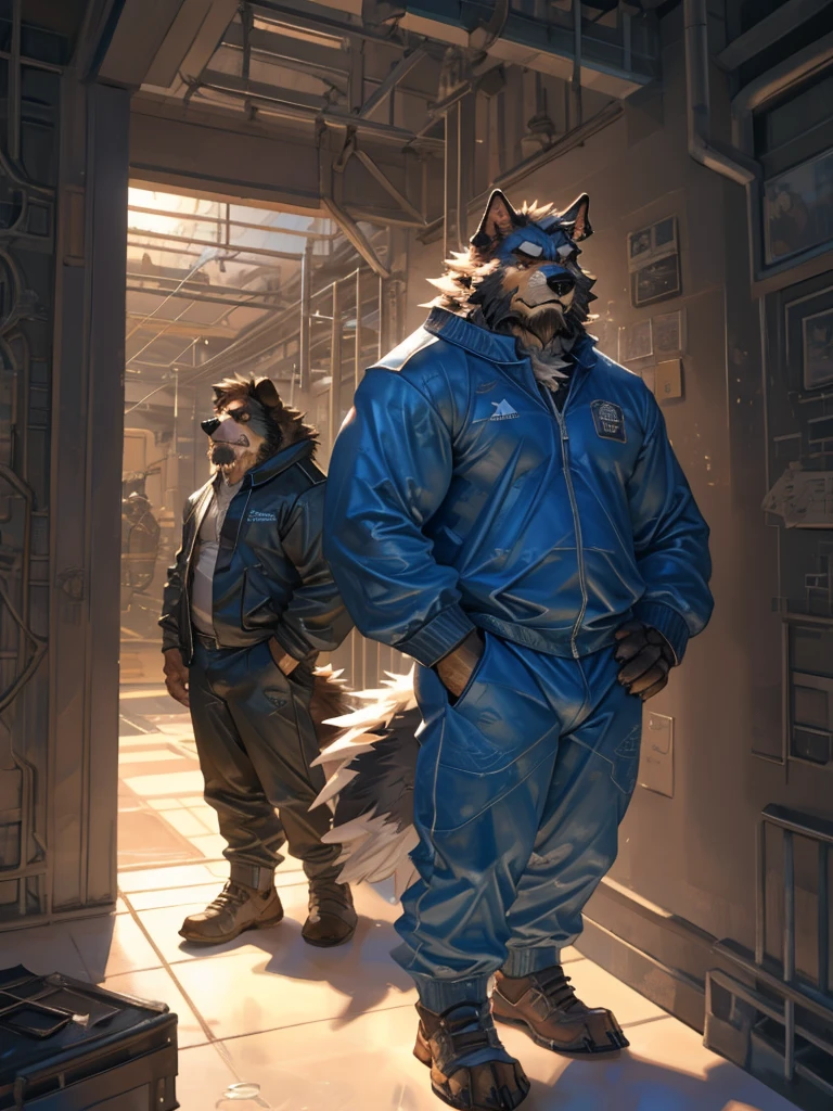 By Taran Fiddler, one man, anthro canine (Bearded Collie breed), adult male, elderly, slightly wrinkled face, bushy eyebrows, stern facial expression, grumpy, bushy mustache, slightly short stature, dilf, hands on his hips. standing in a hallway, wearing plain blue track suit, leaning against wall, oil rig, inside