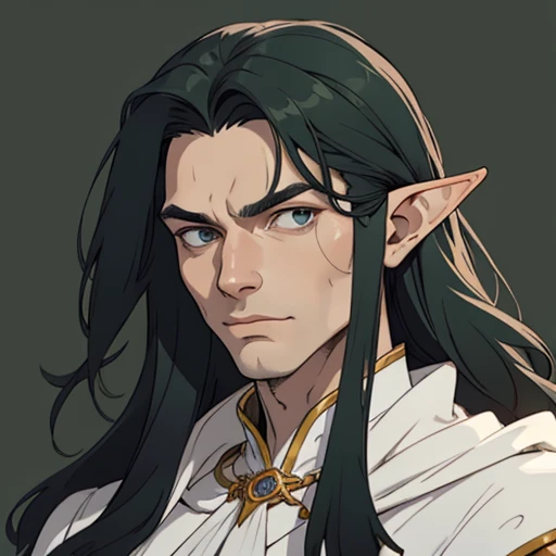 (masterpiece), (best quality),(portrait),(bust up),1boy,solo,(sharp focus),((look at viewer)),elf,(0rlbl0) ,dark green hair,long hair,wavy hair,adult, (ancient:1),ancient luxurious long clothes,old school fantasy art,((simple background)),super shiny face,Ultra Glossy Skin,white outfit,black cloak,slicked back hair,smug,