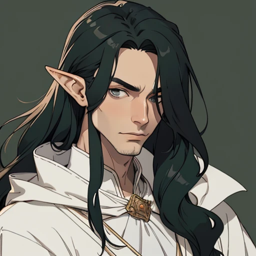 (masterpiece), (best quality),(portrait),(bust up),1boy,solo,(sharp focus),((look at viewer)),elf,(0rlbl0) ,dark green hair,long hair,wavy hair,adult, (ancient:1),ancient luxurious long clothes,old school fantasy art,((simple background)),super shiny face,Ultra Glossy Skin,white outfit,black cloak,slicked back hair,smug,