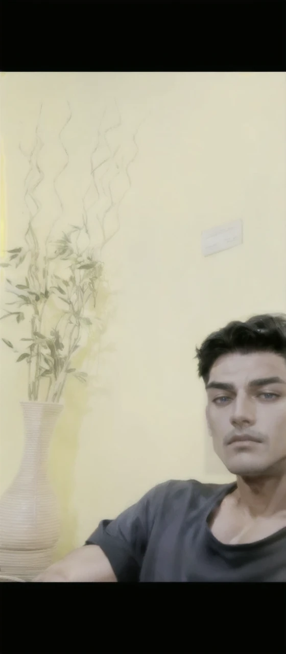 (Absurdres, Intricate Details, Masterpiece, Best Quality, High Resolution, 8k), (1man), (male:1.2), mature, aged up, handsome face, chiseled jawline, finely detailed eyes and face, muscular, sophisticated manner, dark skin, blue black textured fringe hair, violet eyes, laying slouched on a chair, Depth of Field, VFX.