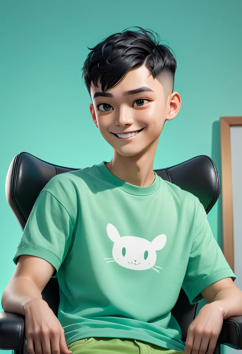 masterpiece, Best quality, ultra detailed, realistic, Detailed Face, Detailed and realistic skin, perfect shiny skin, One male, young man, 20 years old, (short buzz cut Gradient black Hair), cinematic lighting, half body, sitting on gaming chair, front face, half body, teal green oversized t-shirt ( green ) , oversized long pants, sitting, sitdown, talking with hands gesture, front view, big smile