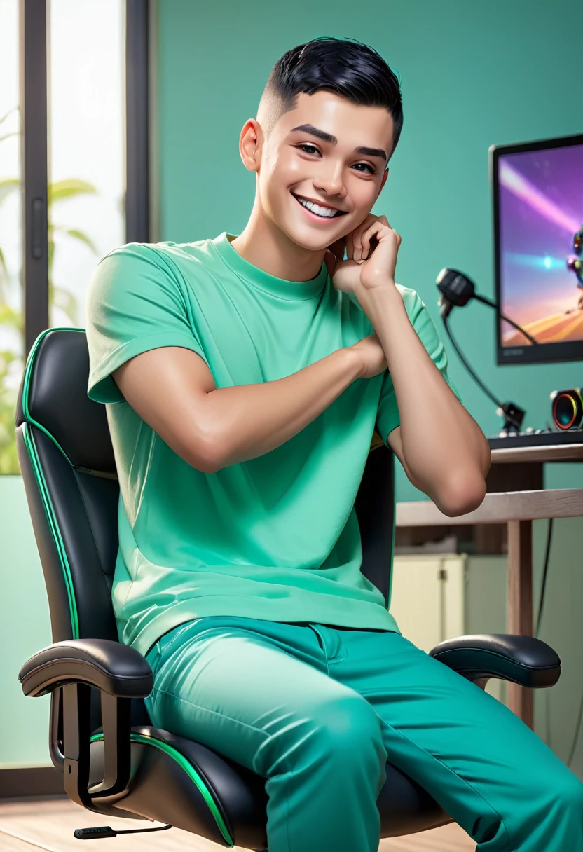 masterpiece, Best quality, ultra detailed, realistic, Detailed Face, Detailed and realistic skin, perfect shiny skin, One male, young man, 20 years old, (short buzz cut Gradient black Hair), cinematic lighting, half body, sitting on gaming chair, front face, half body, teal green oversized t-shirt ( green ) , oversized long pants, sitting, sitdown, talking with hands gesture, front view, big smile