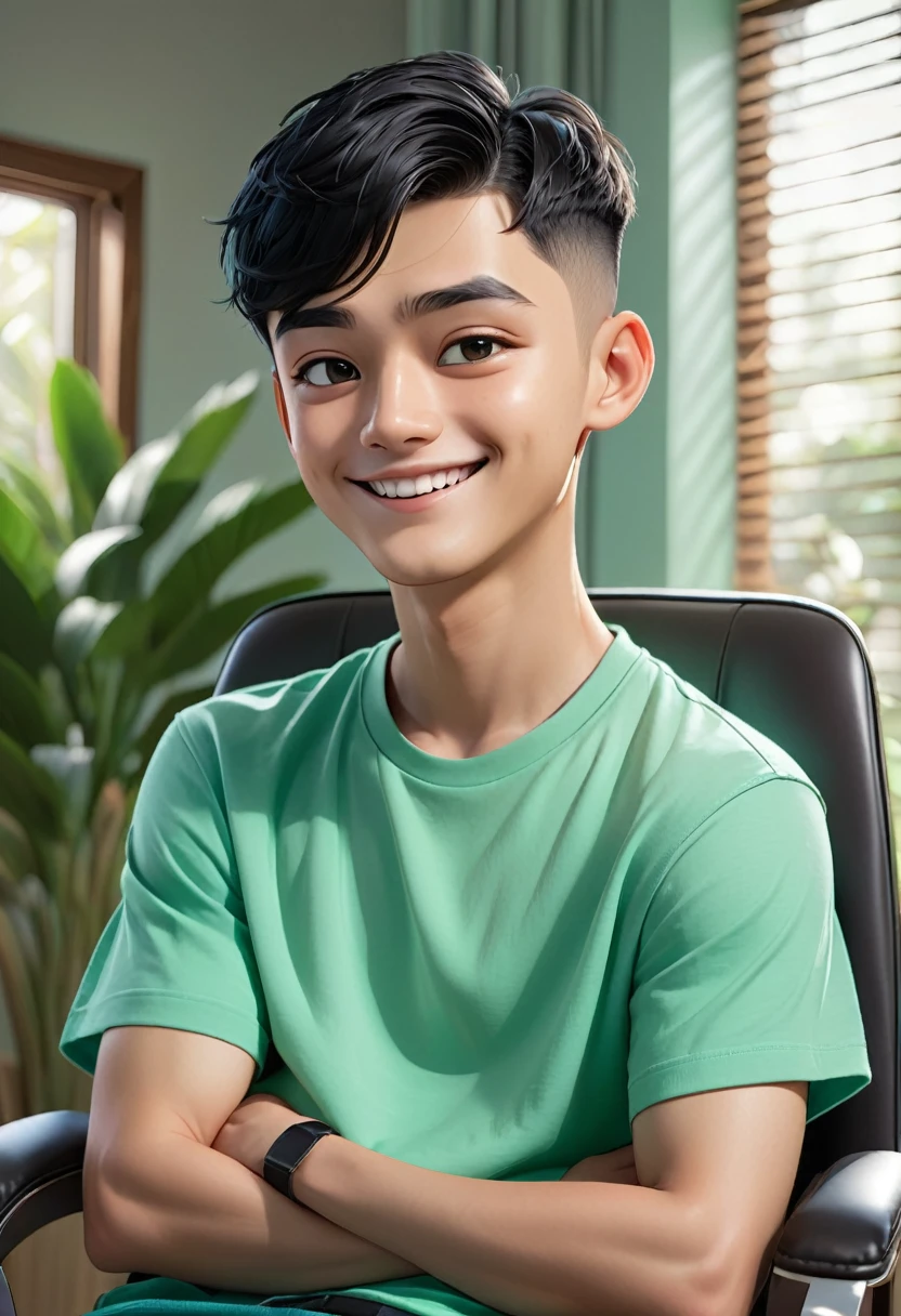masterpiece, Best quality, ultra detailed, realistic, Detailed Face, Detailed and realistic skin, perfect shiny skin, One male, young man, 20 years old, (short buzz cut Gradient black Hair), cinematic lighting, half body, sitting on gaming chair, front face, half body, teal green oversized t-shirt ( green ) , oversized long pants, sitting, sitdown, talking with hands gesture, front view, big smile