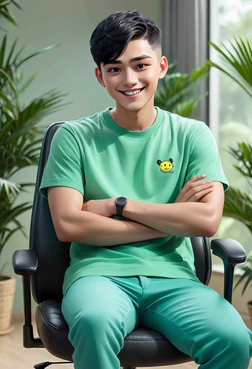 masterpiece, Best quality, ultra detailed, realistic, Detailed Face, Detailed and realistic skin, perfect shiny skin, One male, young man, 20 years old, (short buzz cut Gradient black Hair), cinematic lighting, half body, sitting on gaming chair, front face, half body, teal green oversized t-shirt ( green ) , oversized long pants, sitting, sitdown, talking with hands gesture, front view, big smile