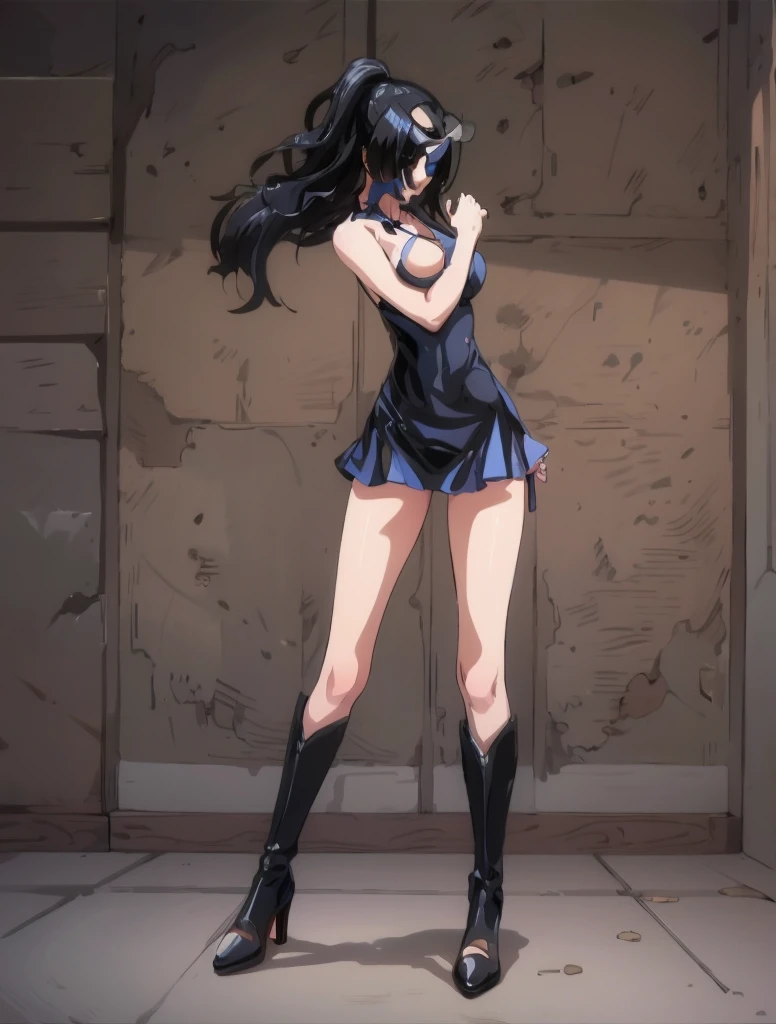 1girl, solo, boots, eyewear on head, black hair, dress, high heels, sunglasses, short dress, long hair, looking back, breasts, ponytail, nico robin, legs，medium_breasts，sideboob