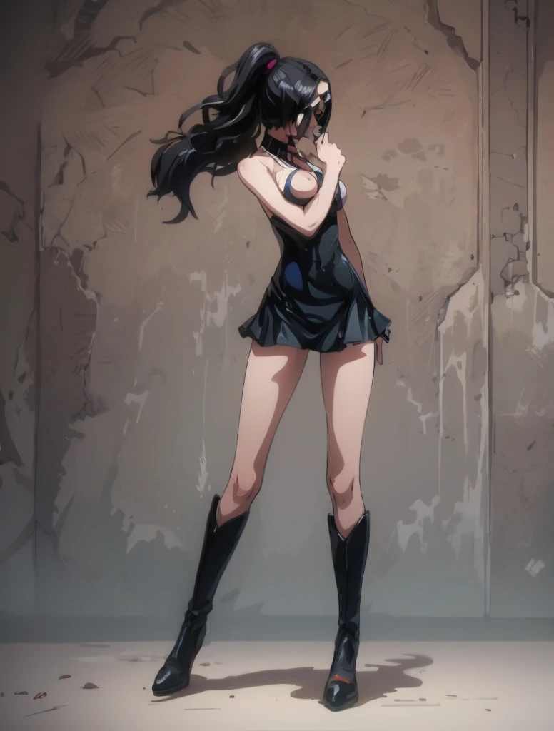 1girl, solo, boots, eyewear on head, black hair, dress, high heels, sunglasses, short dress, long hair, looking back, breasts, ponytail, nico robin, legs，medium_breasts，sideboob