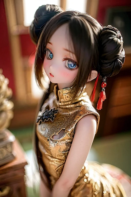 (SFW:2), photorealistic, realistic photo, 8k, ((highest quality)), ((masterpiece)), (extremely detailed), kukolnydom, doll, (mature woman, 18yo, 18 years old:1.6), solo, ((cowboy shot, standing)), (skinny, slender, slim, parted lips), green eyes, brown hair, double buns, (plastic skin, looking at another, glass eyes, shining eyes, detailed eyes, detailed face:1.3), china dress, qipao, chinese room