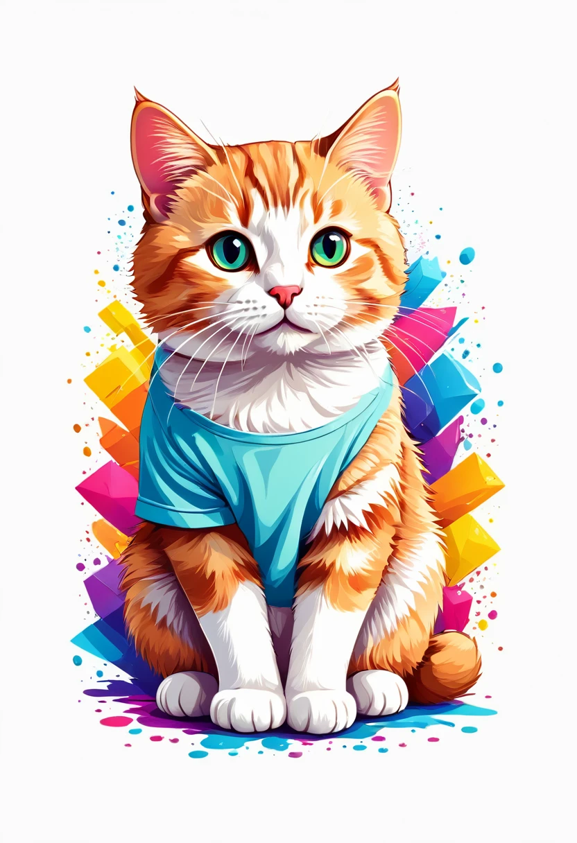 T-shirt graphic design art, Flat illustration of a cuddly cat, colorful tones, highly detailed cleanliness, imagem vectorial, photorealistic masterpiece, professional photograpy, plain white background, isometric, Vibrant, vector