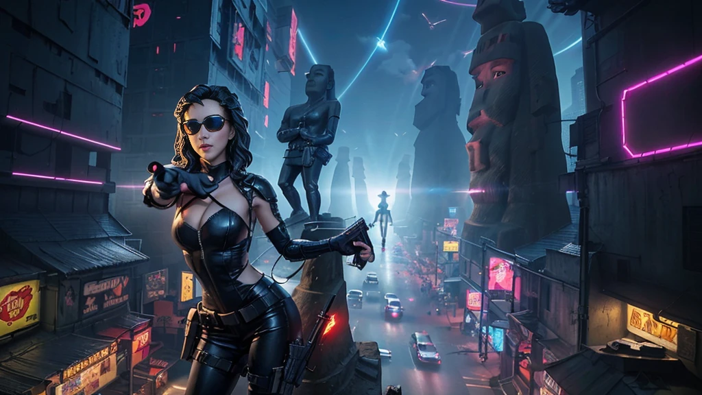 At night, dark sky, aerial view of fantasy cyberpunk style ((Moai-statue)) city, ((flying vehicle)). ((1girl, solo, alone)), photo realistic, medium-breast:1.1 slim body, cleavage, sexy clothes, (black sunglasses), (((hip-up standing and pistol aiming pose))), half-body thigh level medium shot, cinematic lighting.