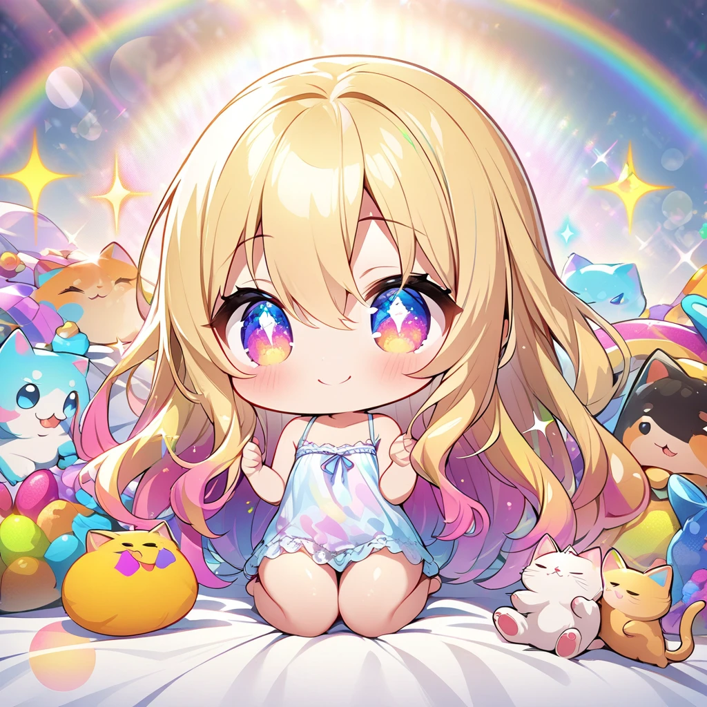 masterpiece, best quality, 4k、2D illustration、one beautiful girl、solo、(((chibi style)))、((vivid colors))、cute chibi、lovely chibi、long beautiful hair, glossy blonde hair, hair between eyes, cute、beautifully detailed eyes、((camisole dress)), ((miniskirt))、((colorful))、((happy smile))、sitting on bed、((full body shot))、((kitten)), ((lots of colorful stuff around))、((bed))、sparkle、((lens flare))、