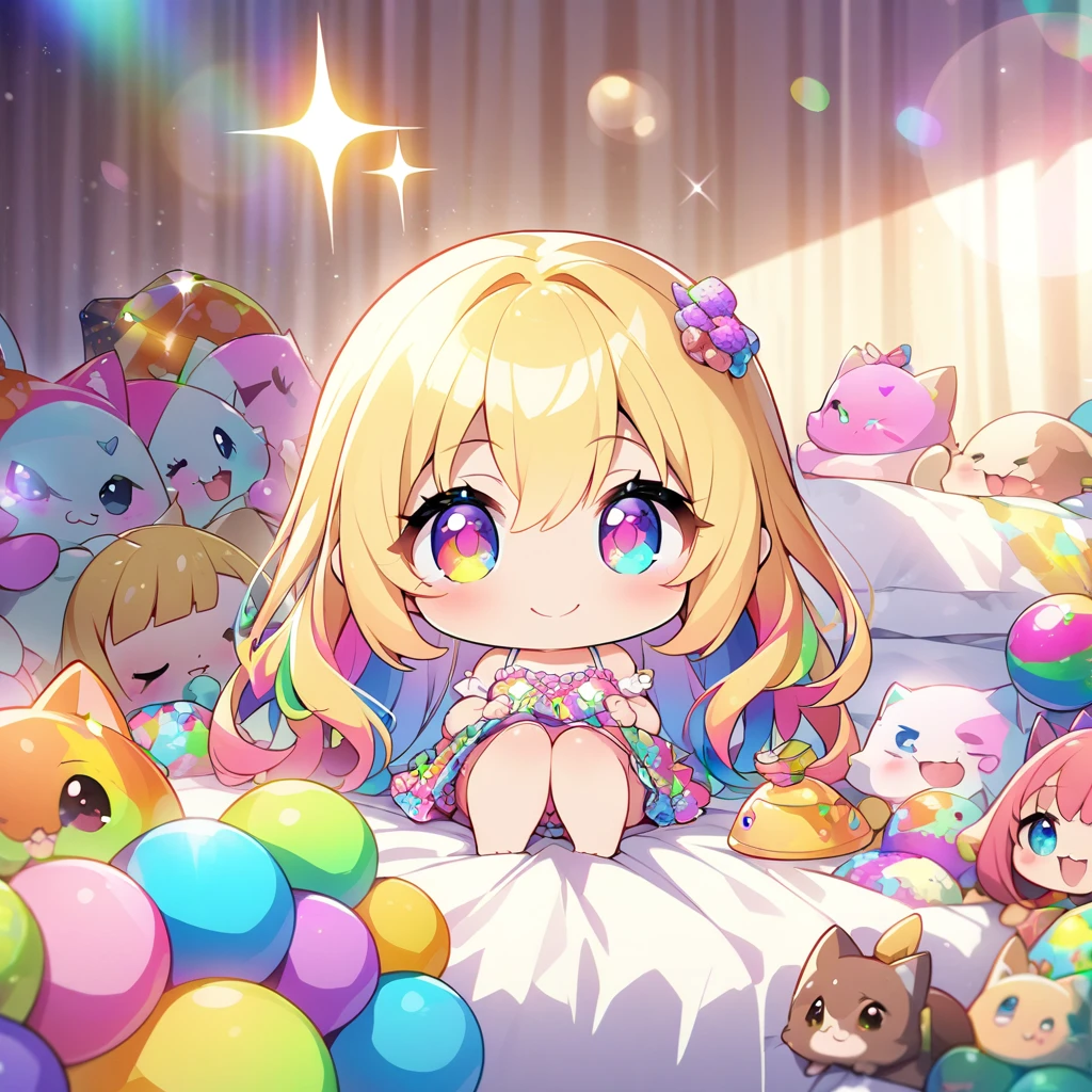 masterpiece, best quality, 4k、2D illustration、one beautiful girl、solo、(((chibi style)))、((vivid colors))、cute chibi、lovely chibi、long beautiful hair, glossy blonde hair, hair between eyes, cute、beautifully detailed eyes、((camisole dress)), ((miniskirt))、((colorful))、((happy smile))、sitting on bed、((full body shot))、((kitten)), ((lots of colorful stuff around))、((bed))、sparkle、((lens flare))、