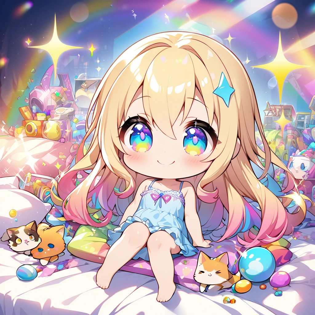 masterpiece, best quality, 4k、2D illustration、one beautiful girl、solo、(((chibi style)))、((vivid colors))、cute chibi、lovely chibi、long beautiful hair, glossy blonde hair, hair between eyes, cute、beautifully detailed eyes、((camisole dress)), ((miniskirt))、((colorful))、((happy smile))、sitting on bed、((full body shot))、((kitten)), ((lots of colorful stuff around))、((bed))、sparkle、((lens flare))、