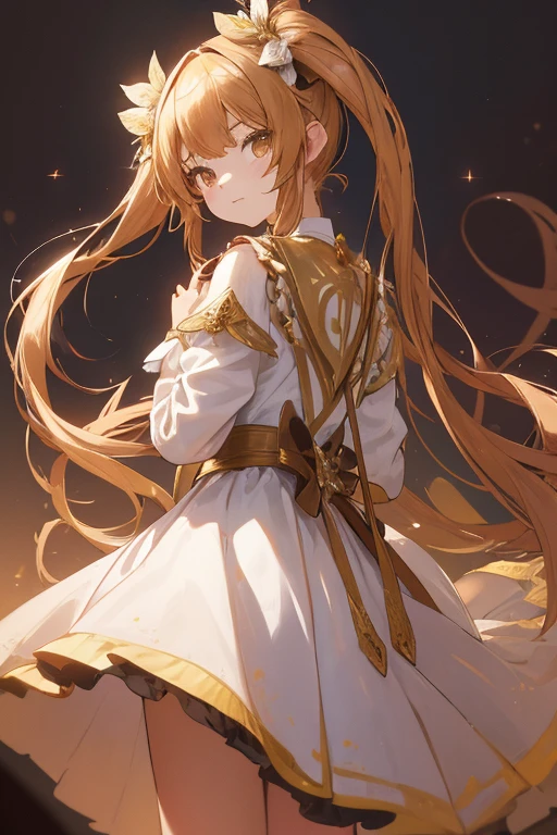 A brown-eyed aristocratic girl with long golden twin tails、Glamorous Dress、arrogant attitude、Fantasy World、Magic Academy Student