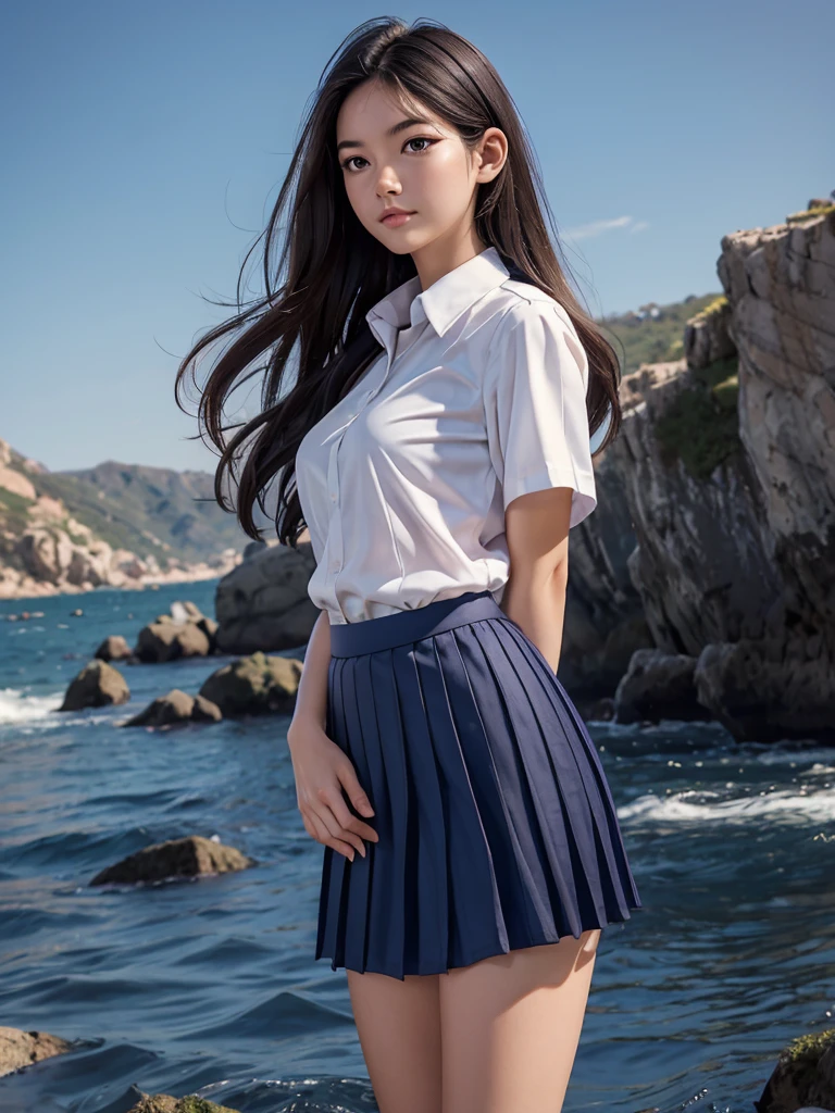 score_9, score_8, score_7, (extremely detailed CG:1.2), (masterpiece:1.2), (best quality:1.2), looking at viewer, full nude body, Adult woman 25 years old, (1girl), long hair blowing in wind, (mathayom uniform), (white shirt short sleeves), (navy_blue pleated skirt), Nude topless, shirt open, breasts fully exposed. Skirt raised, pussy showing.