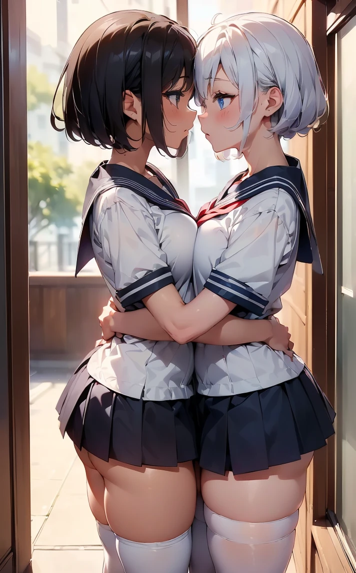 (Cute eyes:1.2), (Sparkling eyes:1.2),(Beautiful Eyes:1.2), Highest quality,wonderful,finely,Highly detailed CG Unity 8k wallpaper, (The two of them lined up and hugged:1.3),(kiss:1.3),(Two people with height difference:1.5), (Two Girls, Sailor suit, Skinny body, Dressed), (Huge breasts), (Open your mouth:1.1),(White knee socks:1.3),(Thighs:1.3),(Waistline:1.2),(お揃いのSailor suit:1.2),(From behind:1.2),(Beautiful eyes:1.2),(Different hairstyle),(They both have different eye colors:1.5),(They both have different skin colors:1.5),(Thighsまで隠れるニーソックス:1.2),(Very short skirt:1.3)