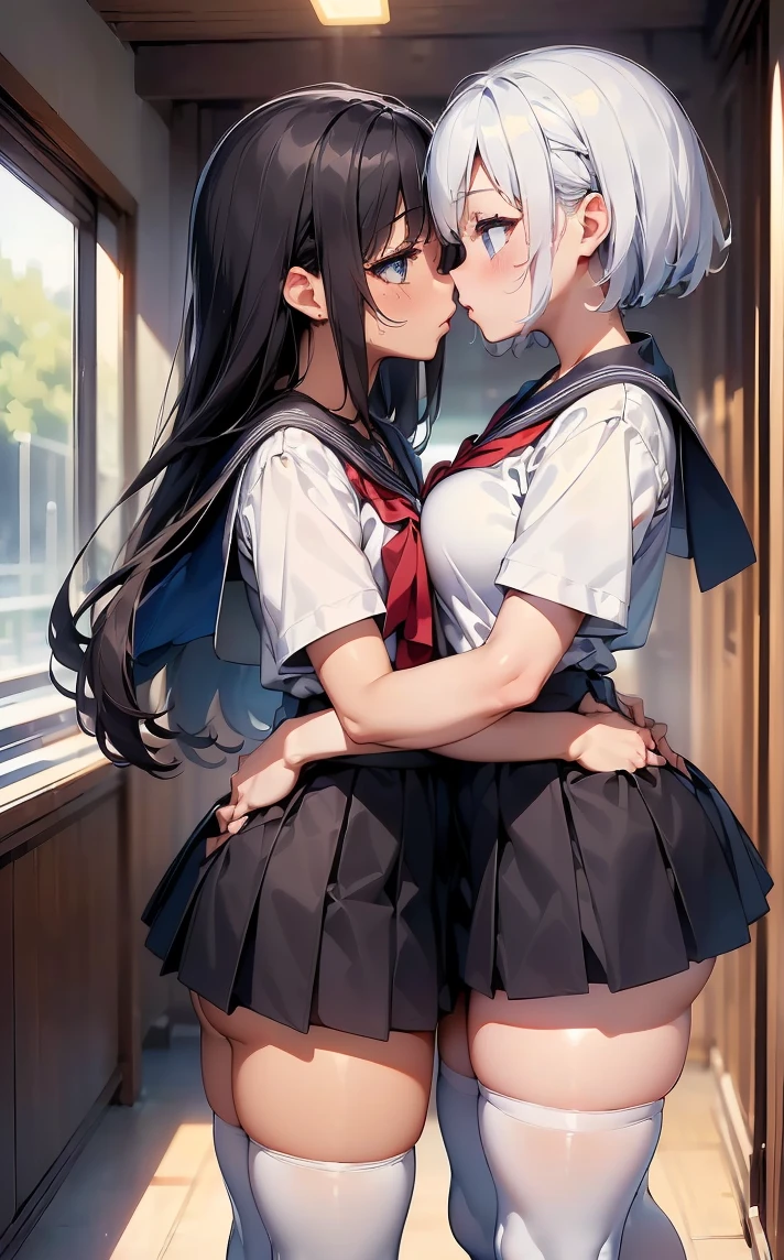 (Cute eyes:1.2), (Sparkling eyes:1.2),(Beautiful Eyes:1.2), Highest quality,wonderful,finely,Highly detailed CG Unity 8k wallpaper, (The two of them lined up and hugged:1.3),(kiss:1.3),(Two people with height difference:1.5), (Two Girls, Sailor suit, Skinny body, Dressed), (Huge breasts), (Open your mouth:1.1),(White knee socks:1.3),(Thighs:1.3),(Waistline:1.2),(お揃いのSailor suit:1.2),(From behind:1.2),(Beautiful eyes:1.2),(Different hairstyle),(They both have different eye colors:1.5),(They both have different skin colors:1.5),(Thighsまで隠れるニーソックス:1.2),(Very short skirt:1.3)