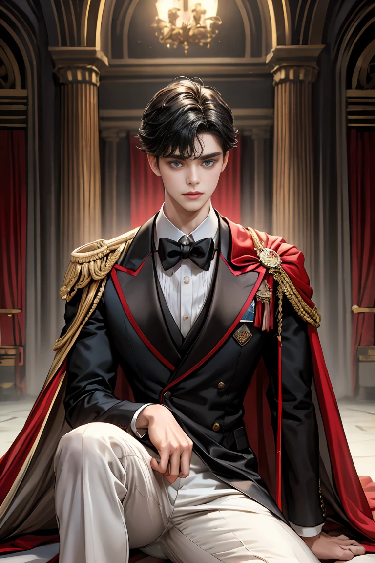 masterpiece, 最high quality, high quality, 1 boy, alone, Male focus, Watching the audience, Messy black hair, Adorable big blue eyes, White people, Noble, Noble,Sexy voluminous black and red cape、Tuxedo、A very voluminous, large, very large, very large, long, long red and black cape with a high stand-up collar, reaching down to the floor, made of a lot of fabric., 17 years old,Cute beautiful boys,Cute, cute, kind, handsome guy