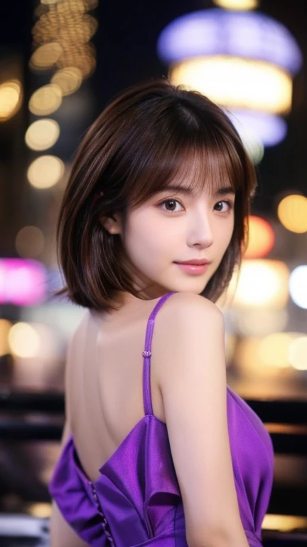 Highest quality、Japanese women、The most beautiful woman in the world、sexy、Brown Hair、Short Hair Style、Small face、Beautiful skin、night、Large breasts、Realistic、look back、Purple Dress、