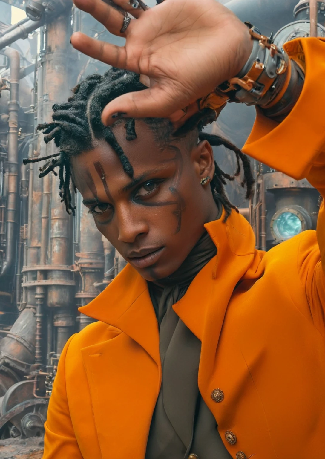 sci fi movie scene, of a young man with short dreadlocks and marking on his face and orange eyes wearing a orange suite,steam punk background