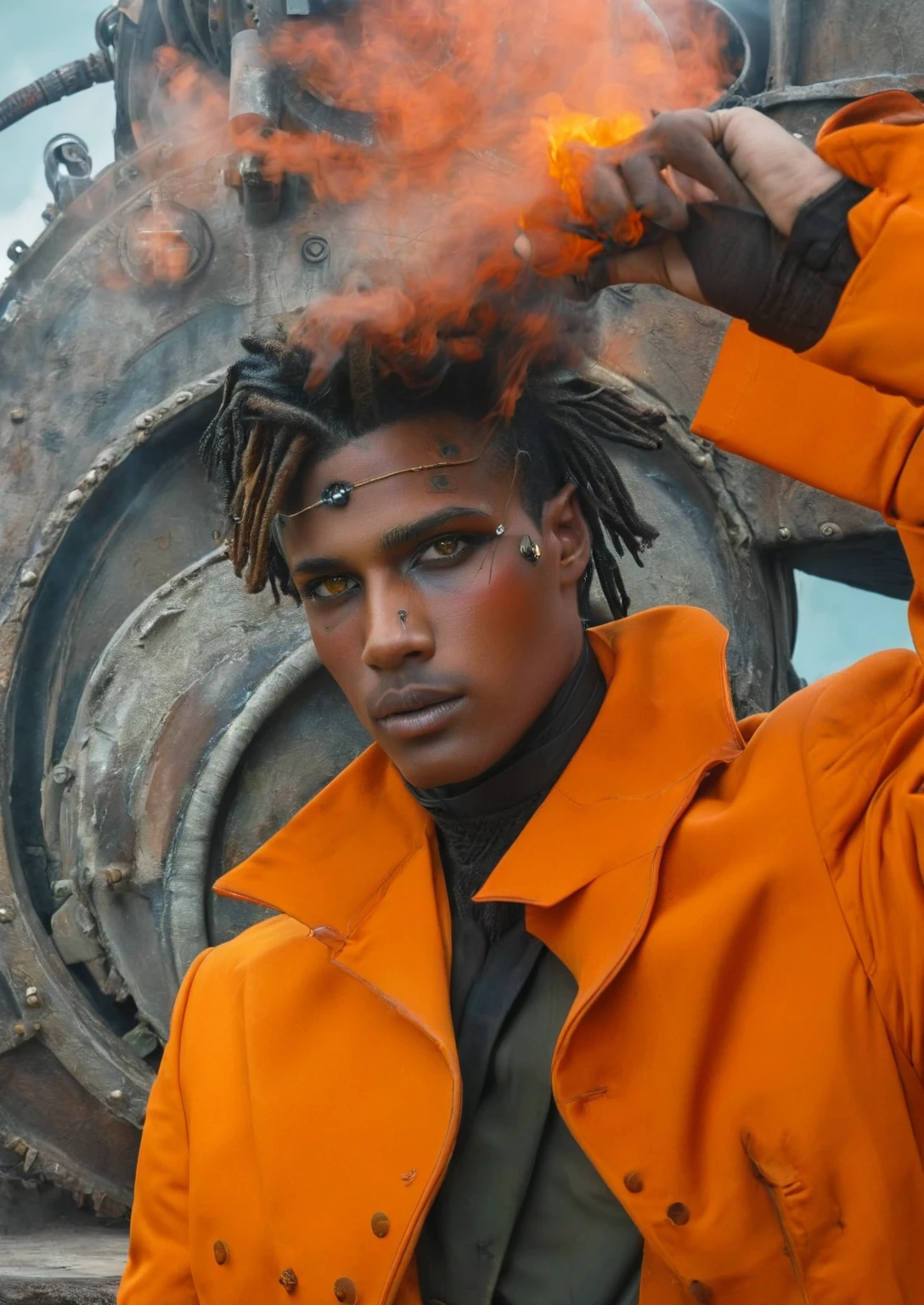 sci fi movie scene, of a young man with short dreadlocks and marking on his face and orange eyes wearing a orange suite,steam punk background