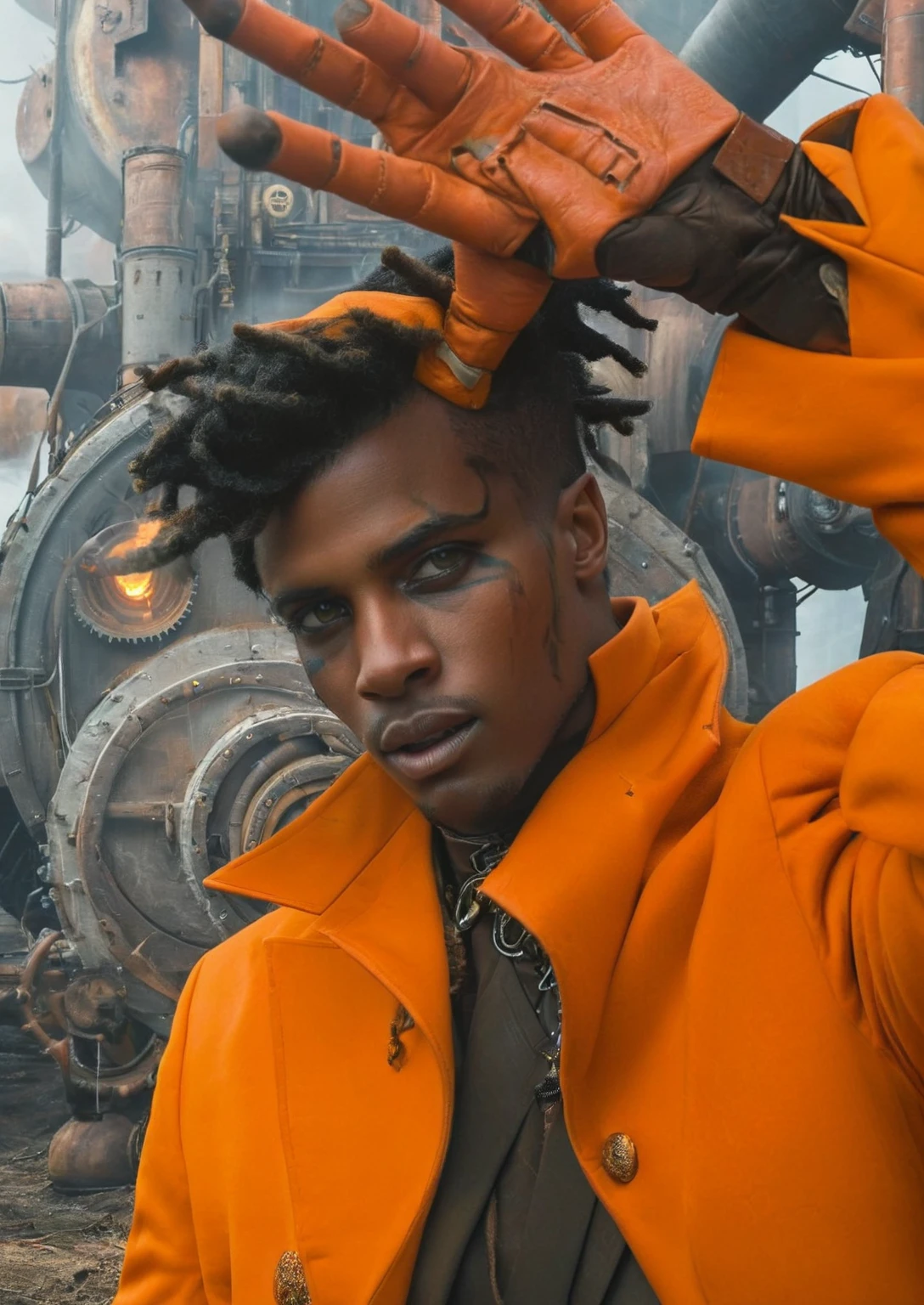 sci fi movie scene, of a young man with short dreadlocks and marking on his face and orange eyes wearing a orange suite,steam punk background