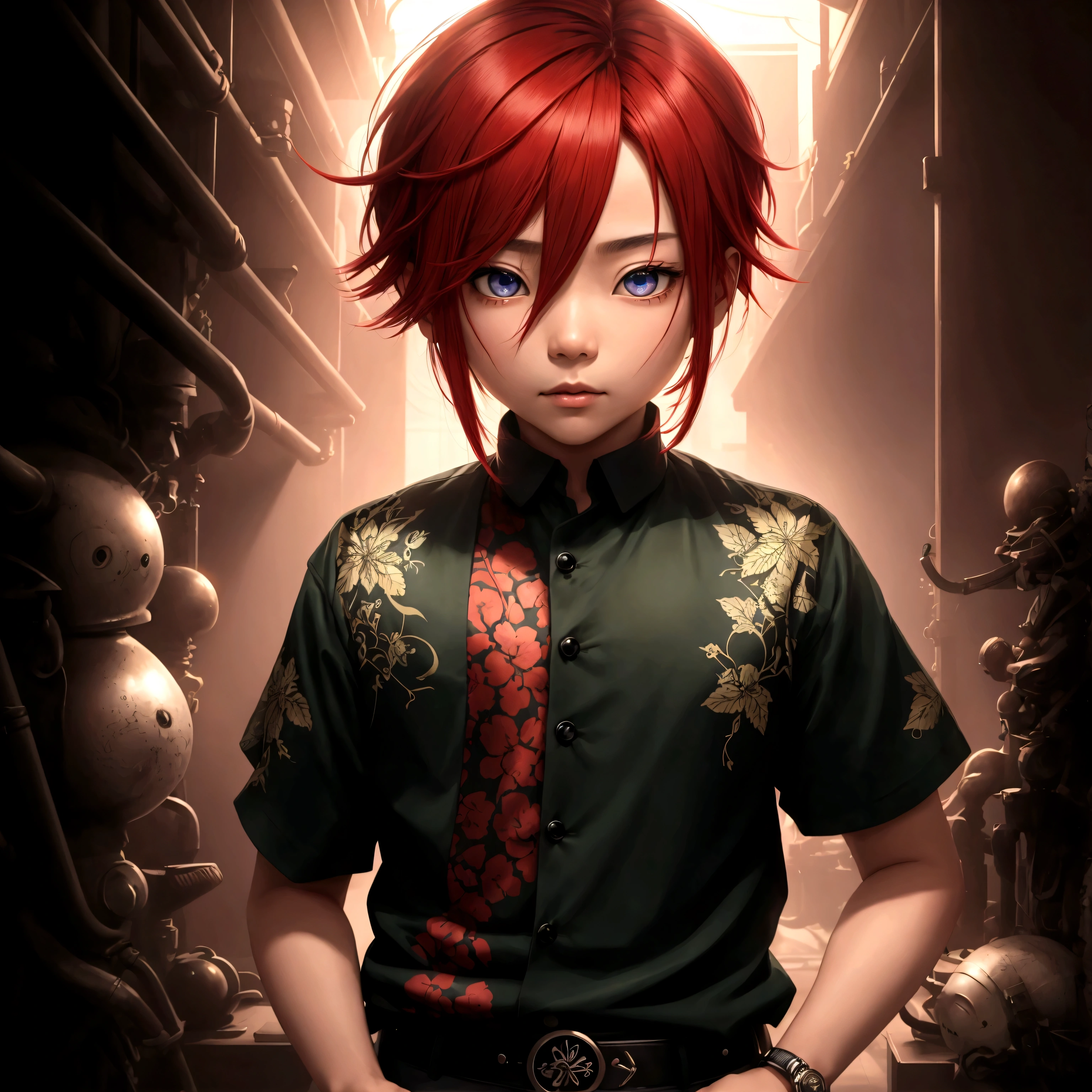 (Shuichi Minamino):
hairs: Long and red.
eyeballs: greens.
badass clothing: Usually seen wearing the or smart casual clothes.
Height: Tall and slender.