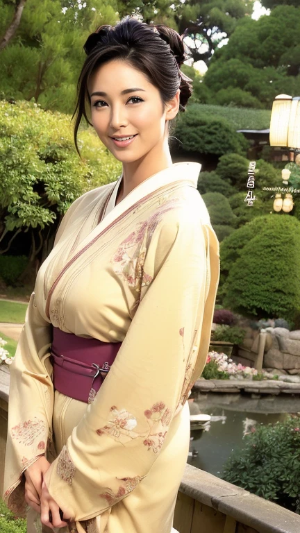 (((50-year-old woman、Wearing a thin, thin, 装飾されたkimono)))、High resolution、high quality、High resolution、detailed、masterpiece、Mature Woman、Big smile、Light brown hair、Bun hairstyle、Perfect proportions、((kimono))、((kimono))、((visiting))、(((The background is a garden.、)))hair ornaments、