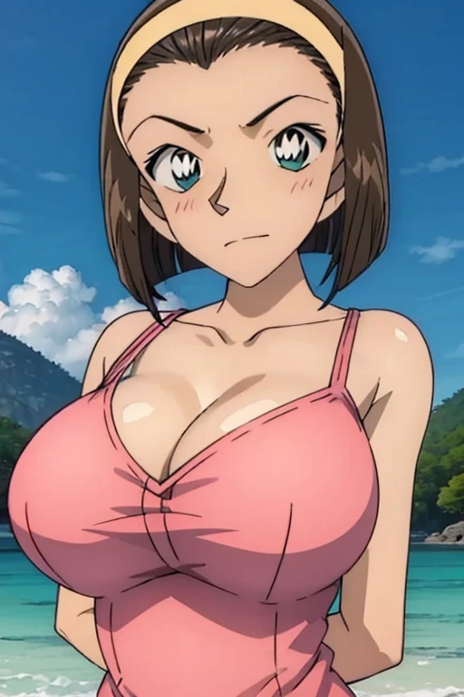 Looking into the camera、When I Look at You、lookatviewer、Anime Style、Eroge、1 Girl,  (Huge breasts), (Tight white camisole dress)、Low - Angle、Brown haired, hair band、Bob Hair、The forehead is visible、blush,The whole body is visible:1.5、Dolphin Shorts、Cleavage、O-neck、Accentuate your breasts、Arms crossed behind back