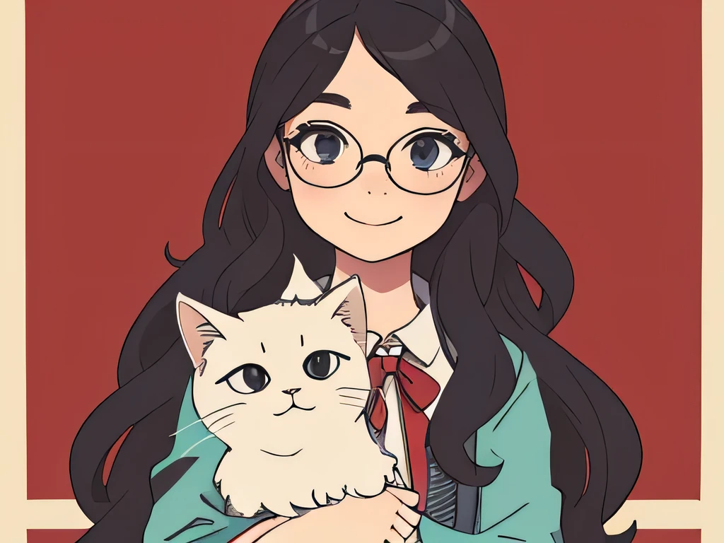 illustration, portrait of a girl having long wavy hairs, wearing spectacles, standing ,smiling, holding a cat
