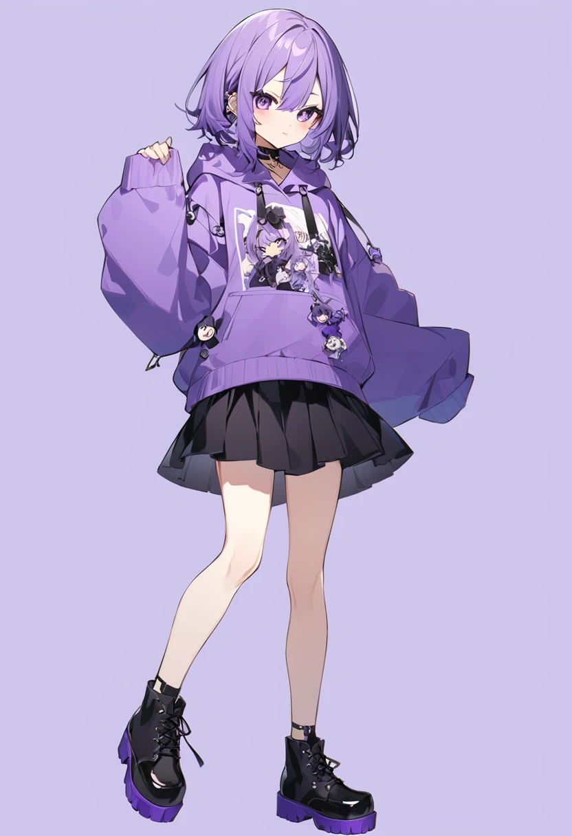 Keito。Purple hoodie。Black Skirt。Purple Eyes。Purple Hair。Black shoes下。Black shoes。