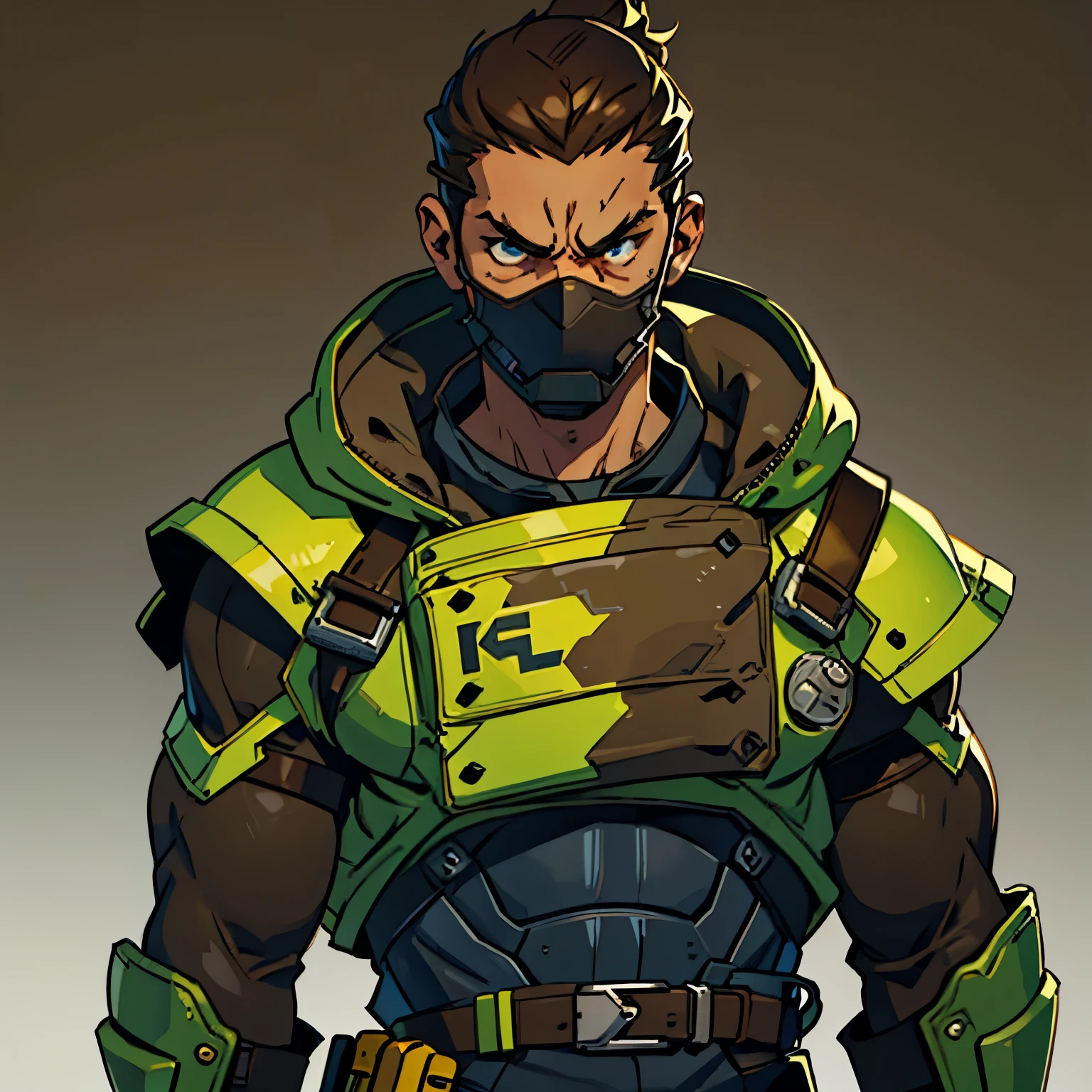 Criminal, short hair, slim, futuristic protection mask, brown hair, (angry), old and worn clothes, (simple background), plano medio