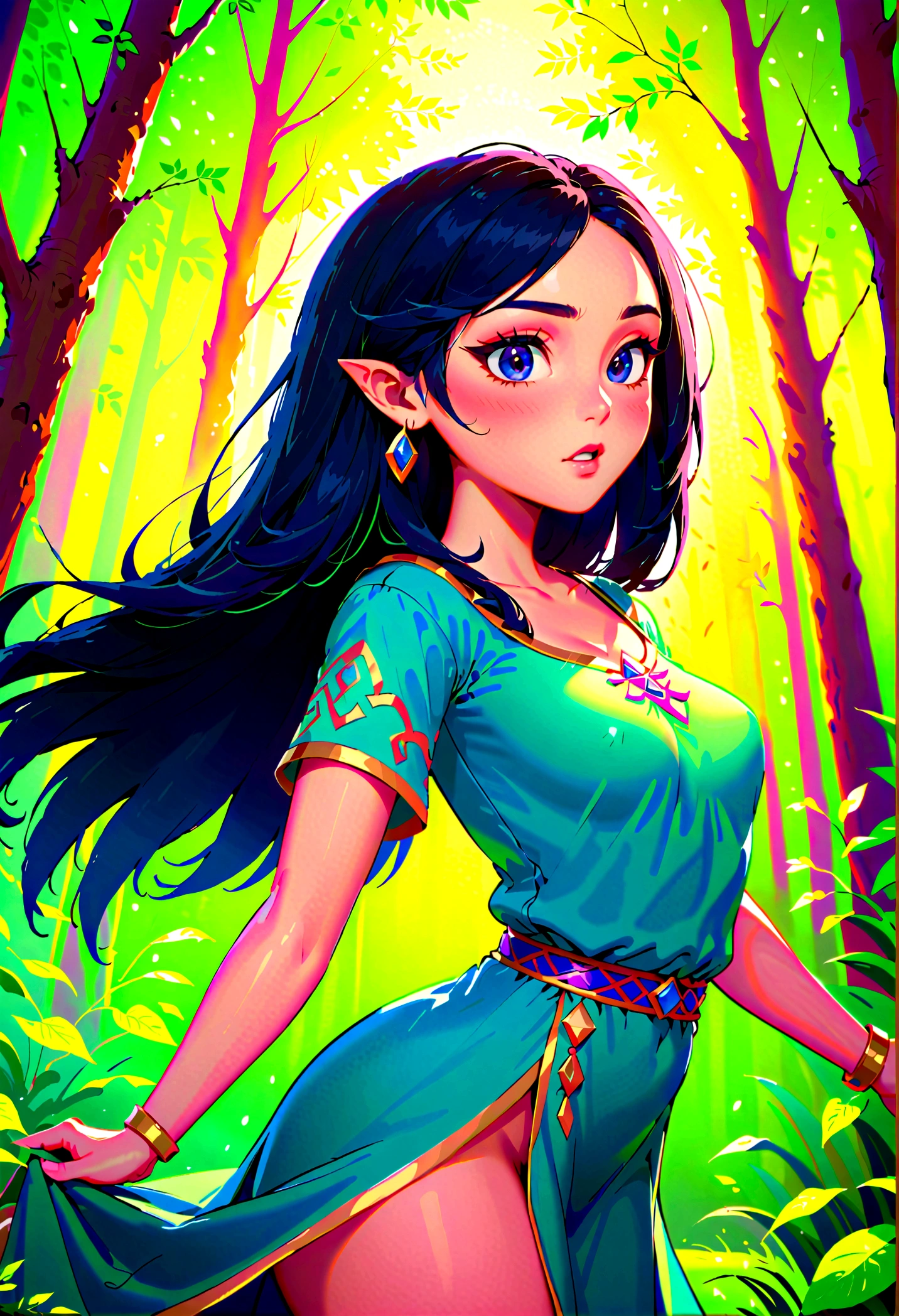 In a captivating scene, a timeless beauty emerges, embodying the legendary Milf style of the beloved game, The Legend of Zelda. Her raven hair cascades down to her waist, framing her captivating face, adorned with a subtle blush and bright, enchanting eyes. Her iconic green garb is intricately detailed, accentuating her perfect figure with medium breasts and perfect hands. The background is a lush, enchanted forest, with the soft glow of an evening sun casting a warm hue over the scene. The image is enhanced with a radiant aura, symbolizing her powerful and enchanting presence in this anime-inspired