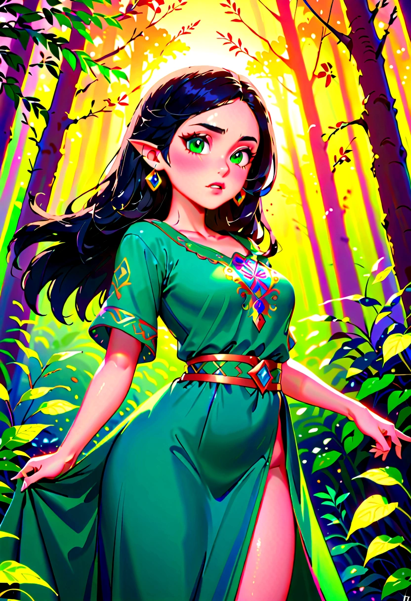 In a captivating scene, a timeless beauty emerges, embodying the legendary Milf style of the beloved game, The Legend of Zelda. Her raven hair cascades down to her waist, framing her captivating face, adorned with a subtle blush and bright, enchanting eyes. Her iconic green garb is intricately detailed, accentuating her perfect figure with medium breasts and perfect hands. The background is a lush, enchanted forest, with the soft glow of an evening sun casting a warm hue over the scene. The image is enhanced with a radiant aura, symbolizing her powerful and enchanting presence in this anime-inspired