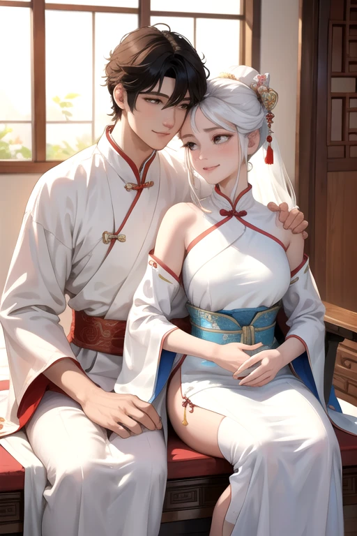(um casal, linda), big watery eyes, gazing at each other, smiling and wearing white clothes, Delicate Hair, an ancient Chinese beauty and a handsome guy, wearing ancient chinese clothes, flowing tulle, light silk,(clean background), (sitting on the boy's penis with her open vagina and legs)ink painting style, clean color, decisive cut, blank, freehand, work of art, super verbose, epic composition, high qualiy, a mais high qualiy, 4K, and boy sitting on the boy's penis,