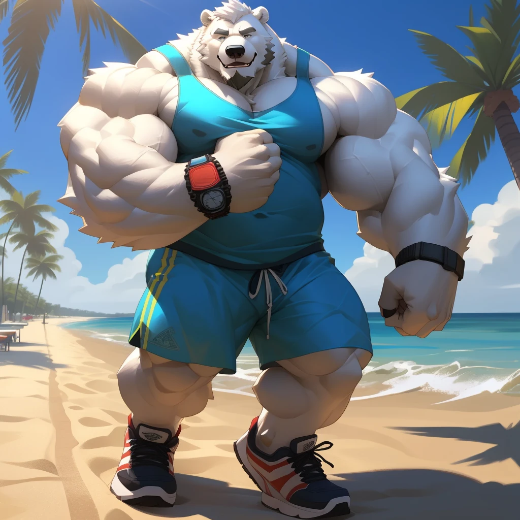 huge muscular polar bear in L.A. beach, big smile, polar bear, huge white fur, thick arm, huge arm, bearded. white hair and beard, bearded, (muscular, pectoral, wide pectoral, thick arms), beach, palm, realistic, 8k, masterpiece, (wearing black shorts, wristband, watch and white tank top, sports shoes) shows his pump dad bod pecs