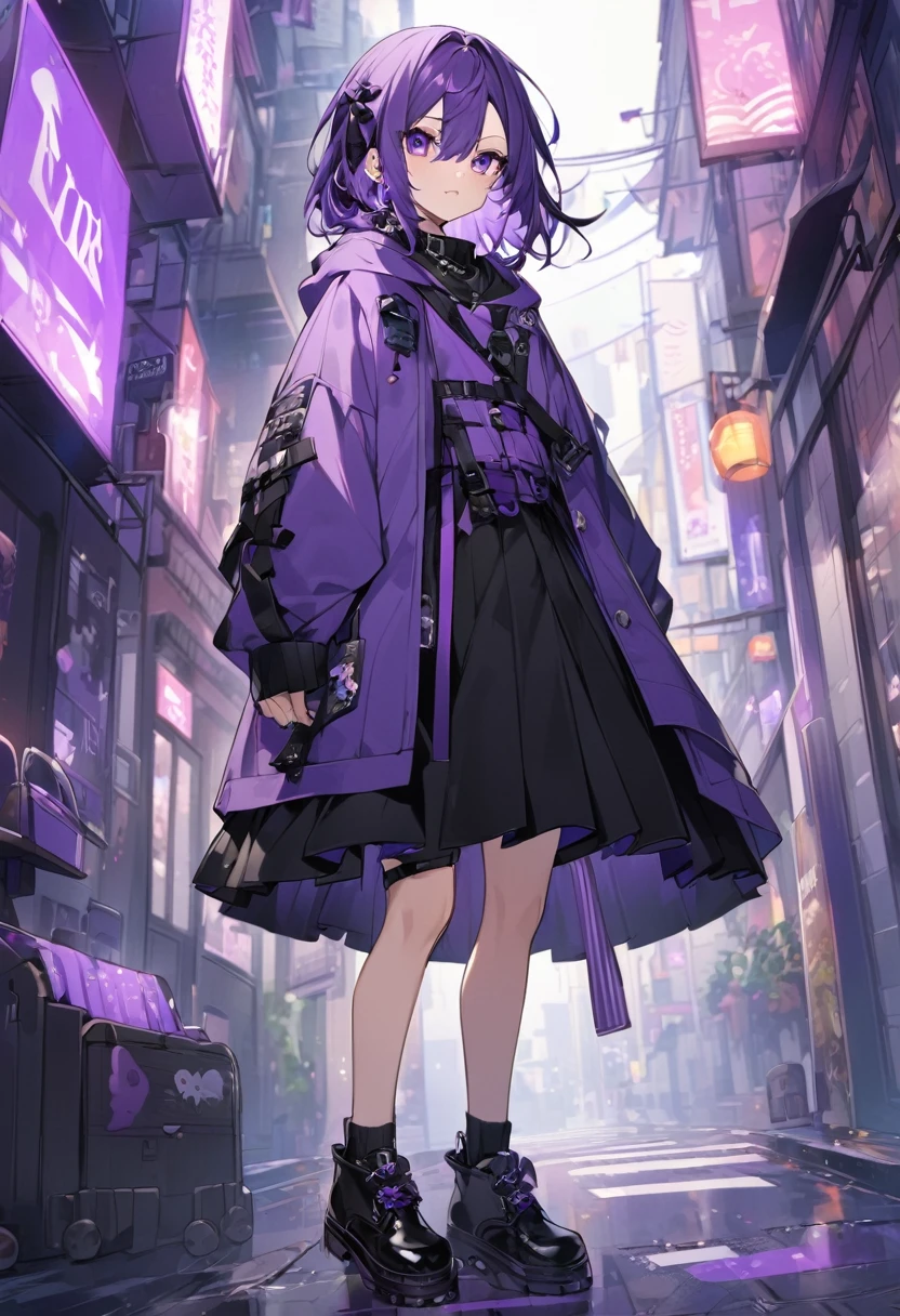 Keito。Purple hoodie。Black Skirt。Purple Eyes。Purple Hair。Black shoes下。Black shoes。