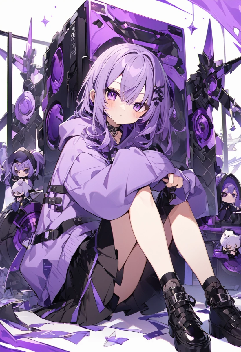 Keito。Purple hoodie。Black Skirt。Purple Eyes。Purple Hair。Black shoes下。Black shoes。