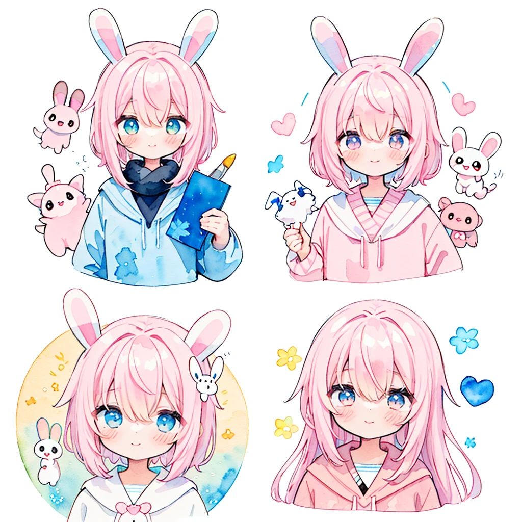 (Pastelcolors:1.5)、(Cute illustrations:1.5)、(Watercolor:1.2)、(1 girl:1.0)、Hair between the eyes、(color: 1.5), (Cute illustrations: 1.5), (Watercolor: 1.2), (1 girl: 1.0), (1 girl: 1.2), Hair between the eyes, White background, (color: 1.5), (Cute illustrations: 1.5), (Watercolor: 1.2), (1 girl: 1.0), (1 girl: 1.2), Hair between the eyes, White background, girl, Full body espion, Bunny Girl, Rabbit tail, Tutu design, Design full of rabbit atmosphere, style, Double layer light pink dress, shining heart, Shake your hair, calm、Kawaii、White Python Sweatshirt, Rabbit ears、Light pink hair, Rabbit element、Like a VTuber、（Smile），