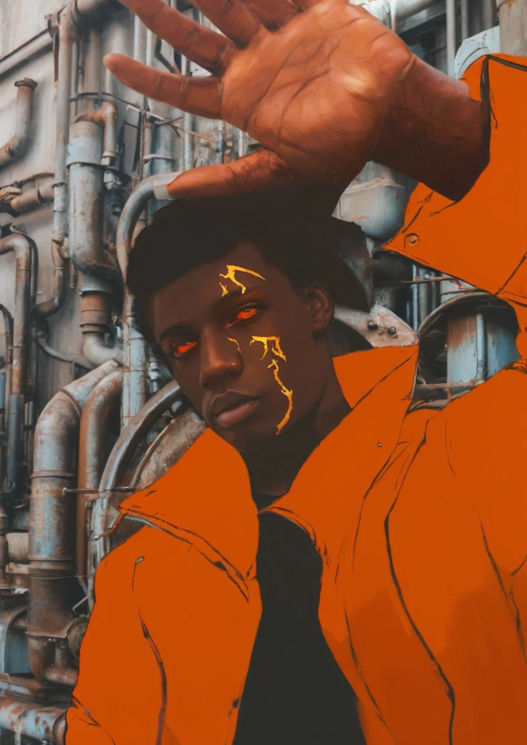 a young man with glowing red eyes and golden facial markings, dressed in an eye-catching orange coat that makes him stand out against the metallic and industrial background.