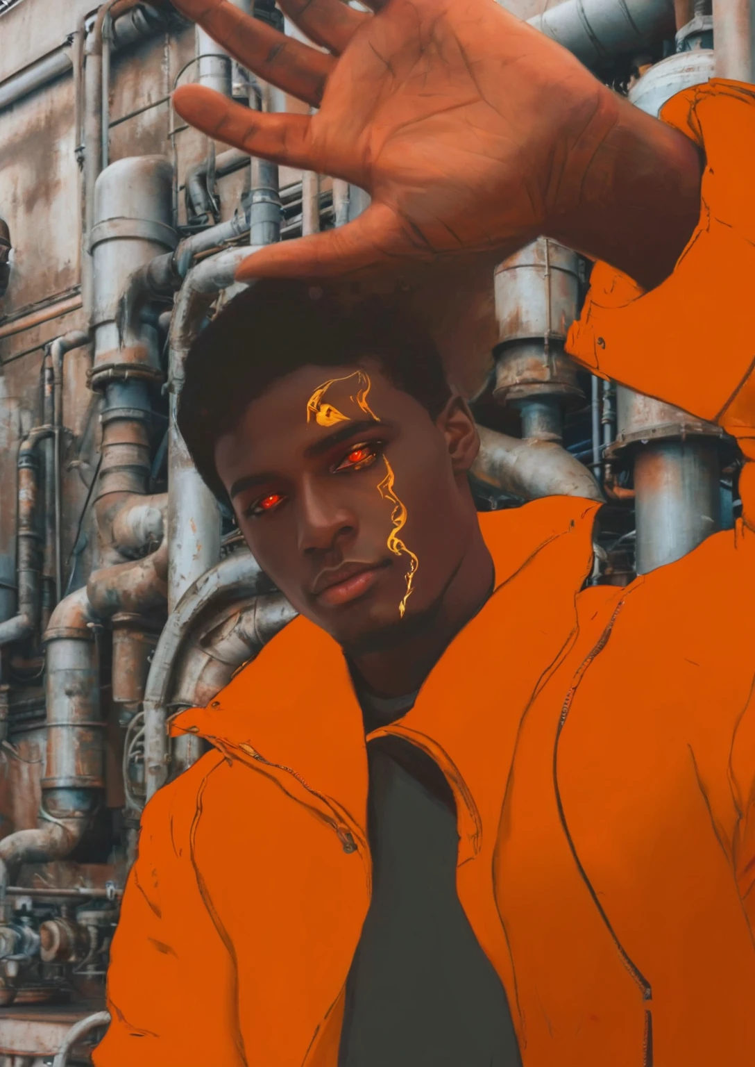 a young man with glowing red eyes and golden facial markings, dressed in an eye-catching orange coat that makes him stand out against the metallic and industrial background.