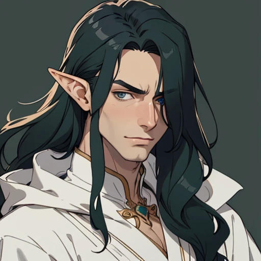 (masterpiece), (best quality),(portrait),(bust up),1boy,solo,(sharp focus),((look at viewer)),elf,(0rlbl0) ,dark green hair,long hair,wavy hair,adult, (ancient:1),ancient luxurious long clothes,old school fantasy art,((simple background)),super shiny face,Ultra Glossy Skin,white outfit,black cloak,slicked back hair,smug,blue lighting