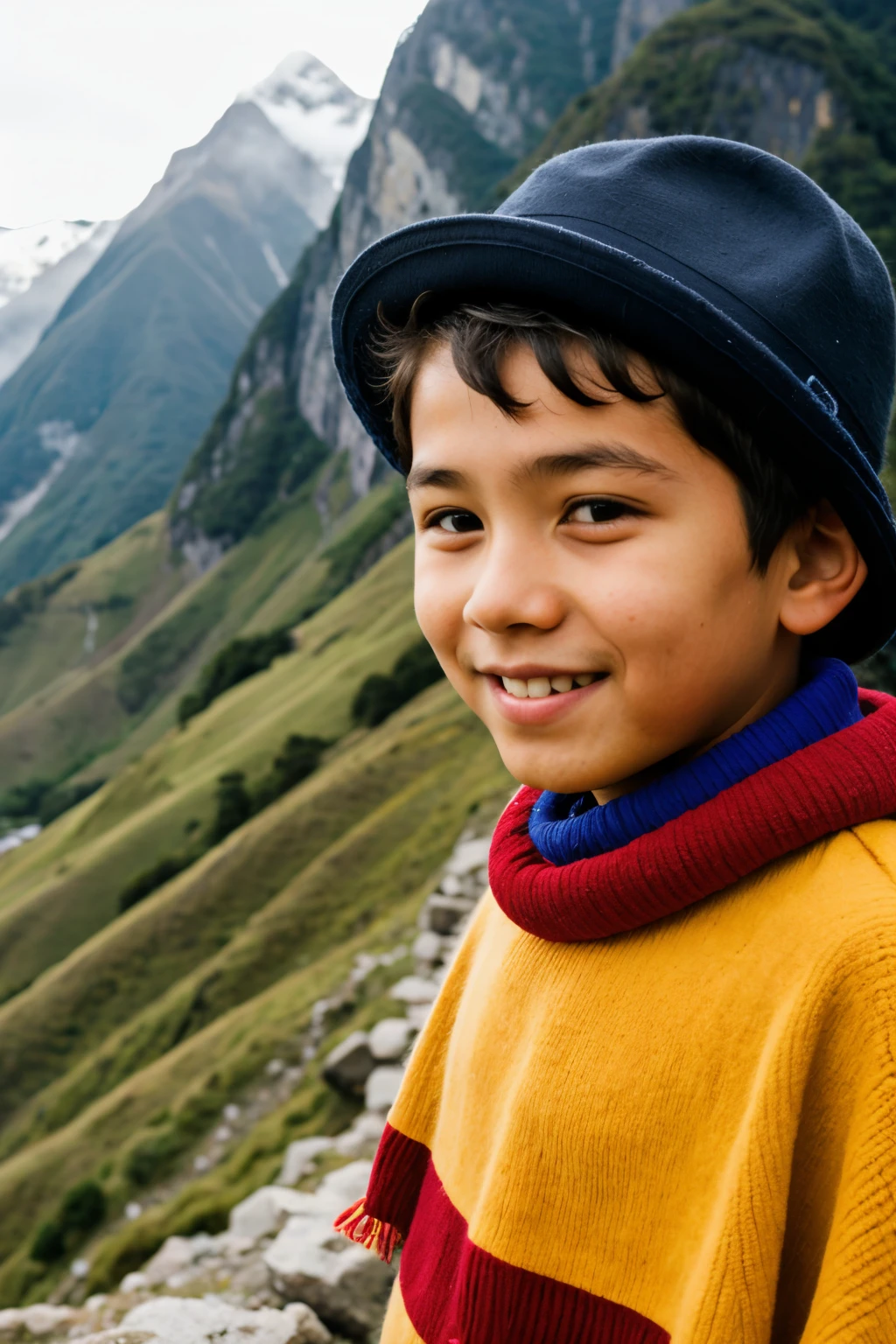 boy, resident of the Peruvian mountains with his poncho and hat