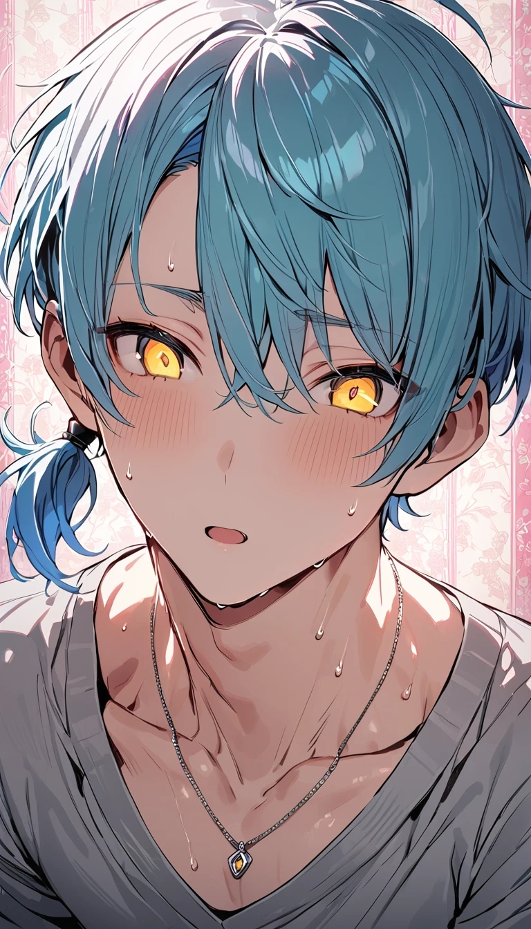 ((((best masterpiece, best quality, wallpaper,)))) solo, guy, male body, small muscles, flat chest, 1male, 30 years old, handsome man, dramatic angle, upper body, looking at viewers, beautiful detailed, mediumturquoise hair, ((((Lower short ponytail)))), asymmetrical bangs, ((short hair,)) blush stickers, sweat, (((perfect face, extremely detailed eyes,))) ((( jitome, gold eyes, ^o^, tareme, droopy eyes,))) perfect hands, sharp nose, clear face, black turtleneck, grey cardigan, ((silver piercing, pendant,)) leggings, pink background color ultrasharp, 8K, masterpiece,