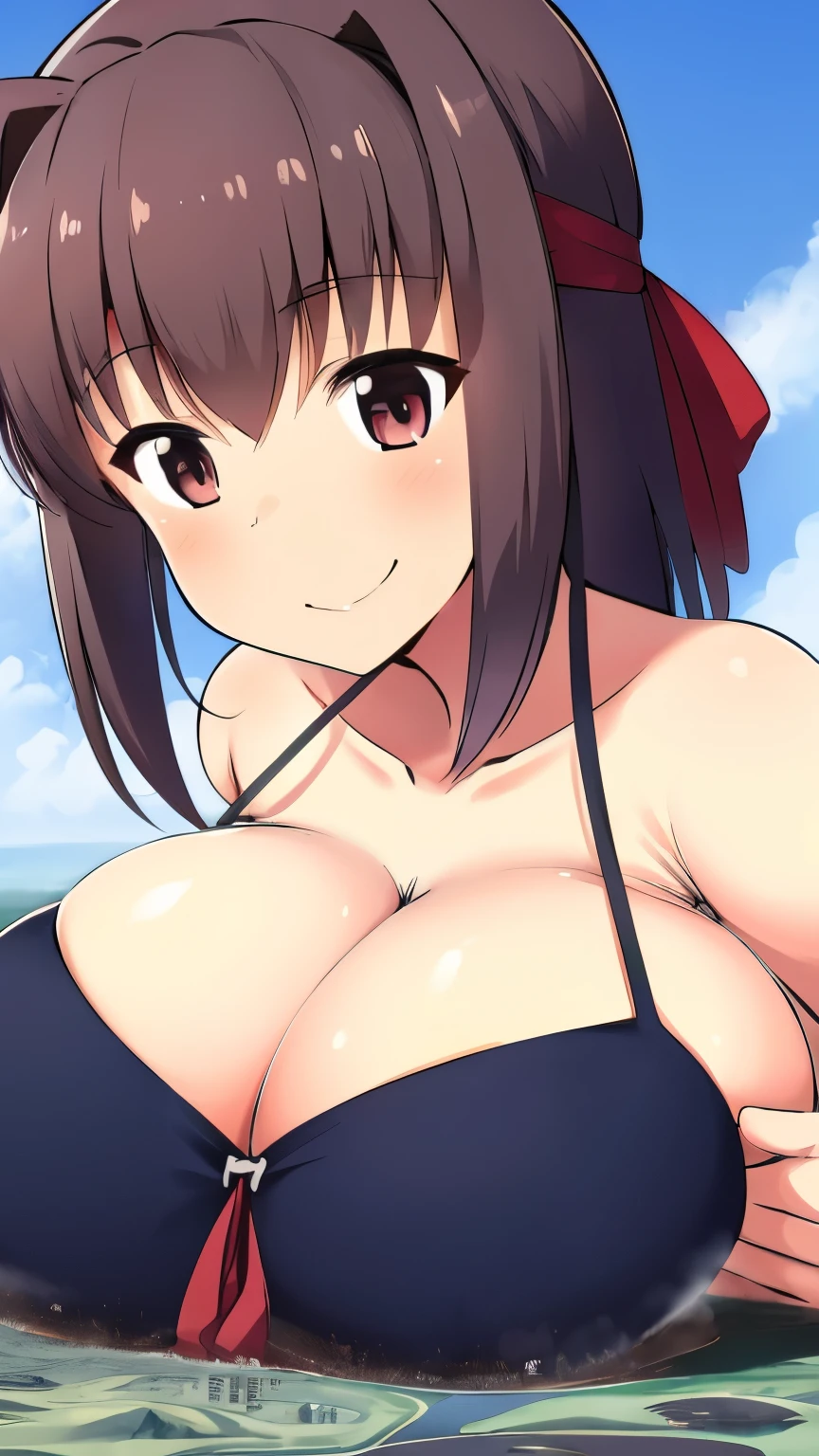 Perfect hands,Taeko Kondou_Girls and Panzer, Seductive smile, paizuri,hugebreast,Cleavage,giantess,skyscraper,A woman bigger than the city,